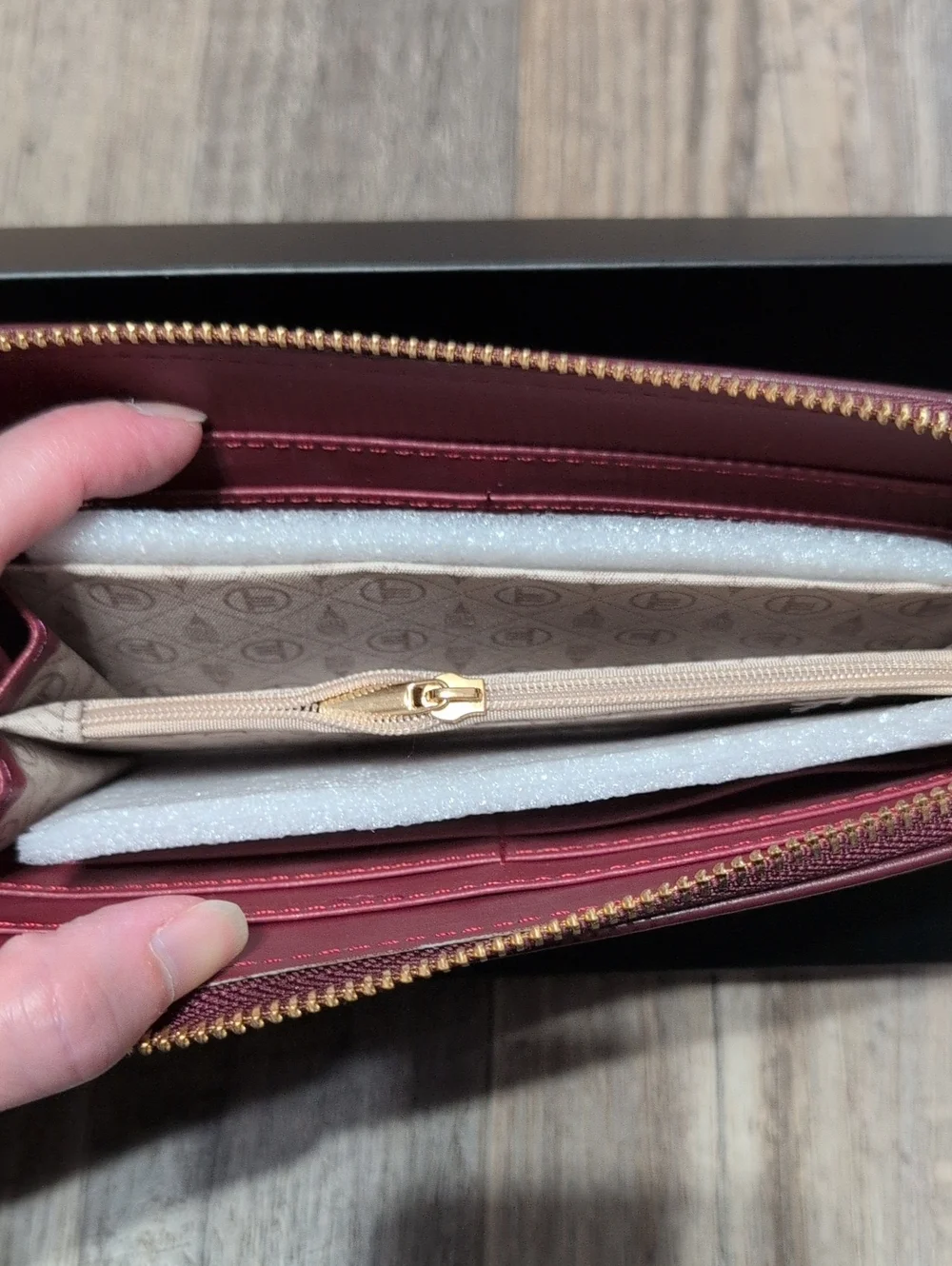 London Fog Burgundy Zip-Around Ester Wallet with Gold Logo
